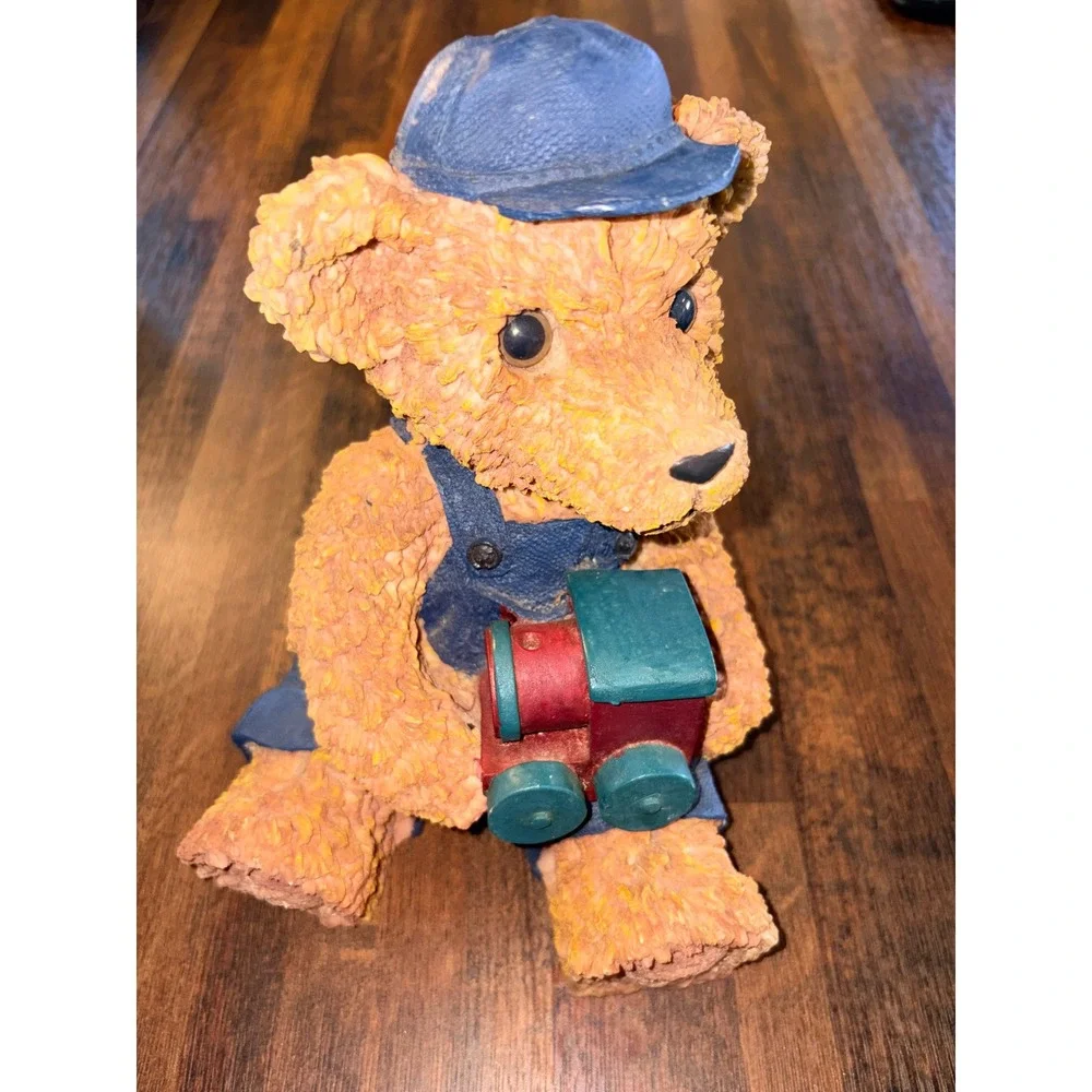 Vintage Resin Teddy Bear Coin Bank Engineer Hat Overalls with Toy Train Figurine